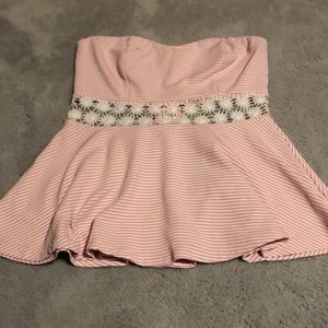 Pink and white strapless shirt